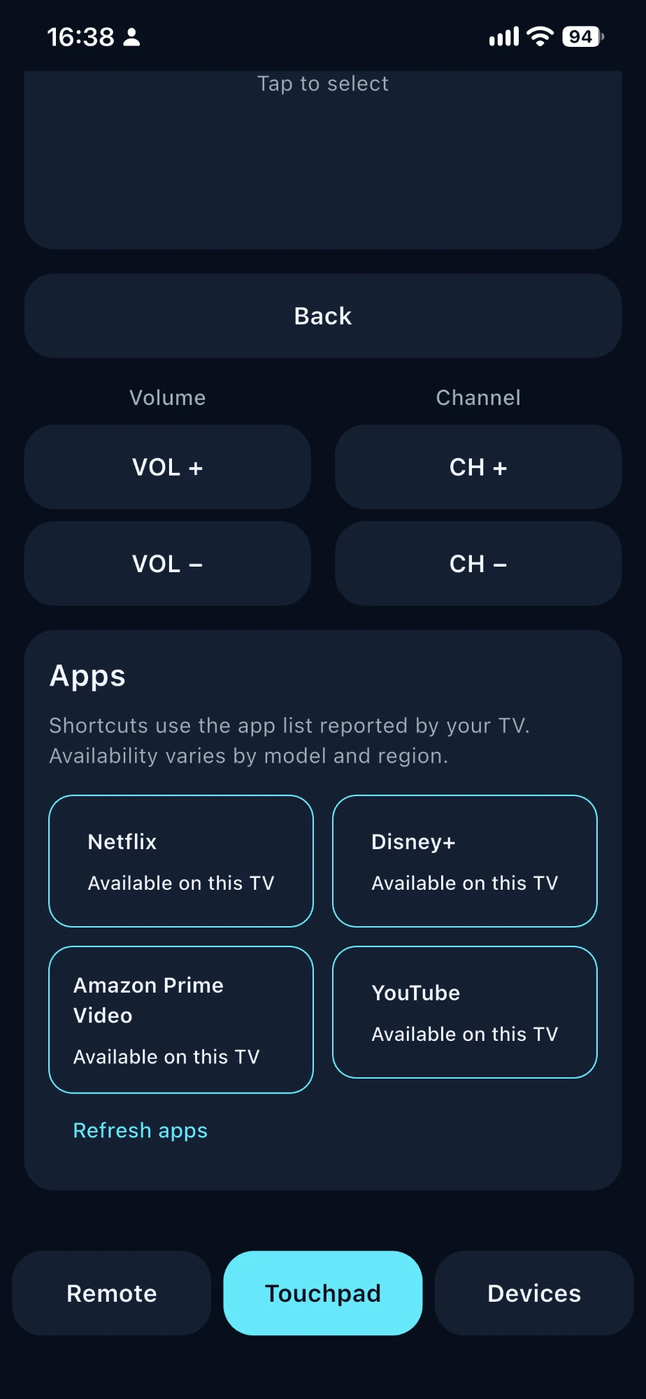 REMOTE TV app shortcuts for Netflix, Disney+, Amazon Prime Video and YouTube, based on the app list reported by the TV.