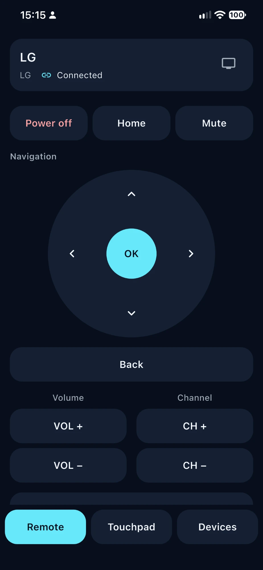 REMOTE TV connected to an LG TV: power, home and mute buttons, a navigation pad with OK, back, volume and channel buttons.